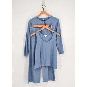 Lake 3 Piece Pointelle Pajama Pants Set French Blue Tank Top Long Sleeve Top XS